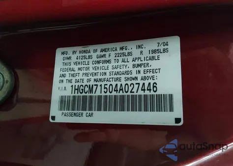 2004 Honda Accord 2.4 Ex z USA, uszkodzony, nr VIN 1HGCM71504A027446